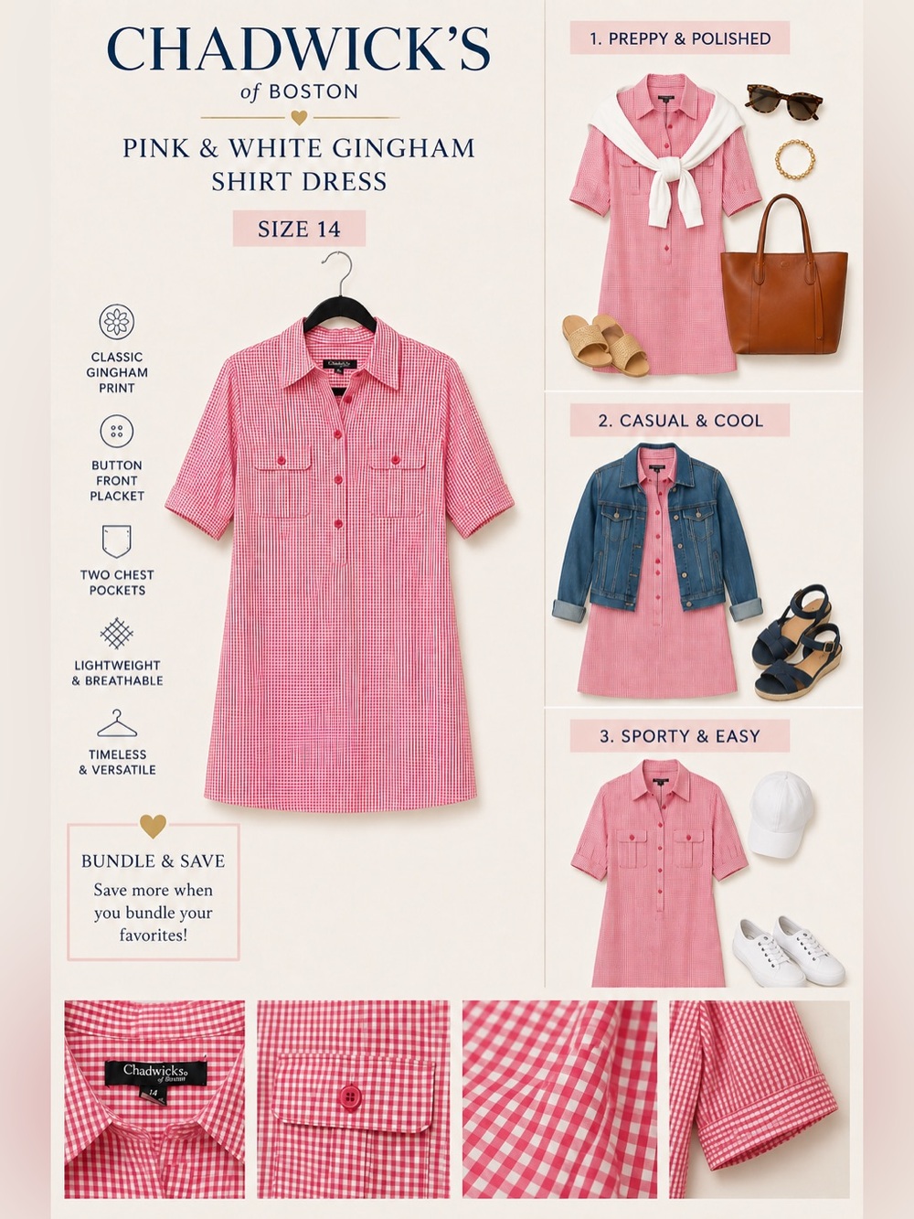 Chadwicks of Boston Pink & White Gingham Shirt Dress | Cotton | Size 12/14 - Picture 1 of 15